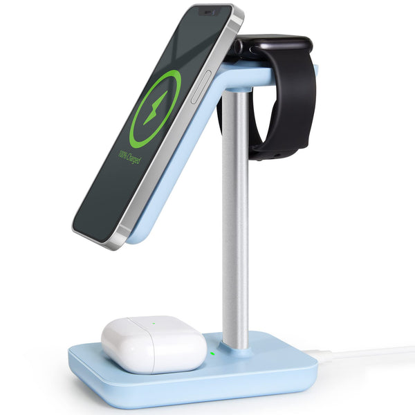 3 in 1 Wireless Charging Station 15w Fast Charging Wireless Charger for iPhone 14 iPhone 13 and iPhone 12 Series AirPods Pro/2/Apple Watch Dark Blue (20W Wall Adapter Included)